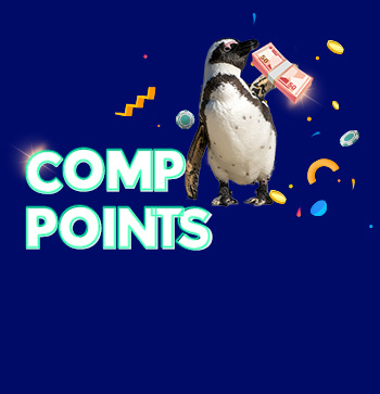 Comp points pormo block featuring a cute penguin holding up cash