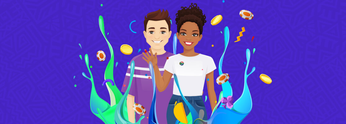 Refer a Friend at Thunderbolt Online Casino South Africa – diverse, happy players celebrating inclusivity, equality, and rewarding friendships with colourful splashes, casino chips, and gold coins on a vibrant purple background