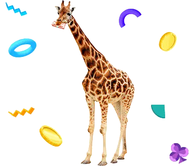 Giraffe with fun elements flying around and money in its mouth to represent the R300 free bonus