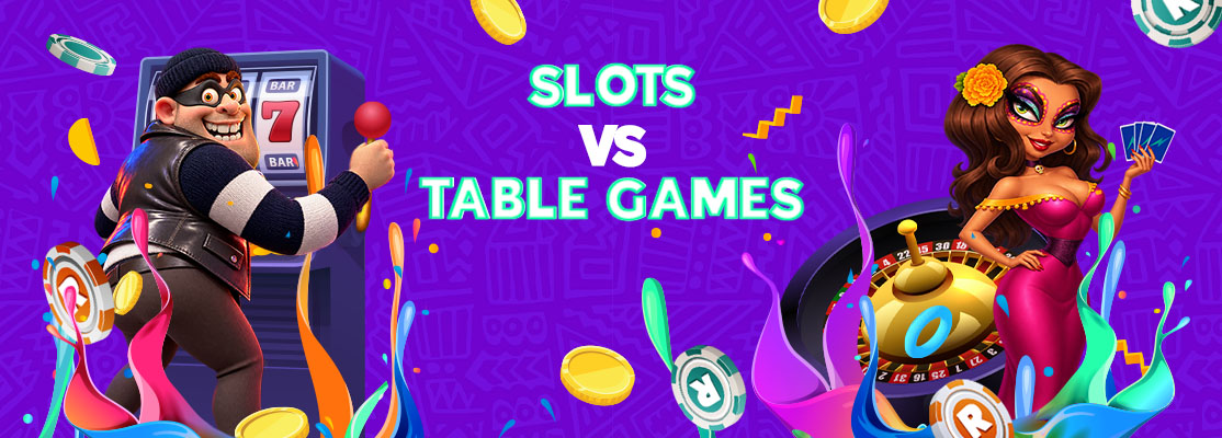 &ldquo;Slots vs Table Games&rdquo; text between a cartoon slot player and a glamorous card player beside a roulette wheel, with coins, chips and colourful shapes on a purple background.