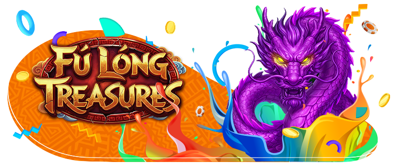 Fu Long Treasures Slot Game Fu Long Treasures logo beside a fierce purple Chinese dragon, surrounded by colourful ribbons, coins and festive orange patterns.