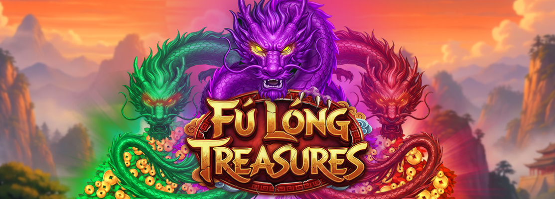 Fu Long Treasures logo centred beneath three Chinese dragons in purple, green and red, with piles of gold coins against a warm mountain landscape.