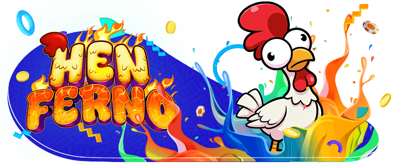 Hen Ferno logo beside a cartoon chicken, surrounded by colourful ribbons, coins and playful graphic shapes.