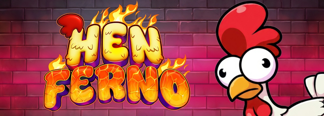 Hen Ferno logo in fiery orange and yellow lettering beside a wide-eyed cartoon chicken against a red brick background.