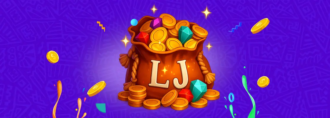 Illustration of a money bag labeled &lsquo;LJ&rsquo; overflowing with gold coins and colorful gems on a purple background, with coins and confetti flying around.
