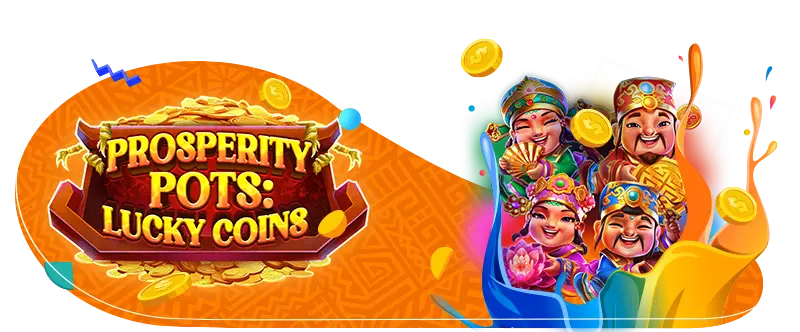 Blog footer image with an orange patterned background, the prosperity pots game logo and the four main characters