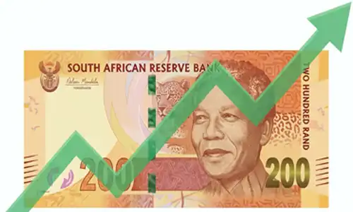 An illustration of a rising financial graph over a South African 200 rand banknote on a clean white background