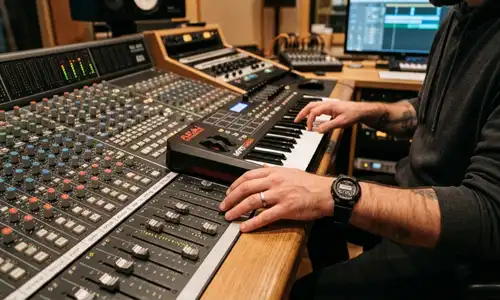 A close-up photo of a man's hands playing a MIDI keyboard beside a studio mixing console with faders