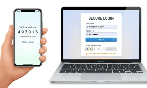 An illustration of a hand holding a phone with a verification code next to a laptop login screen on a white background