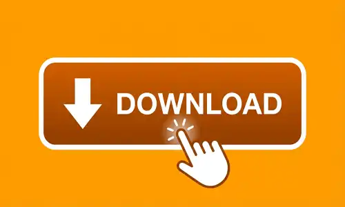 An illustration of a download button with a clicking hand cursor and arrow icon on a bright orange background