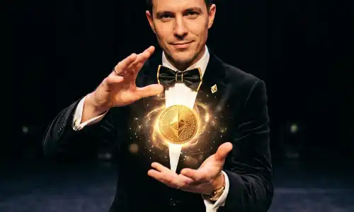A photograph of a magician in a bow tie levitating a glowing gold Ethereum coin between his hands on a black background