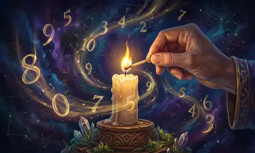 An illustration of a hand lighting a candle surrounded by floating numbers on a dark mystical background