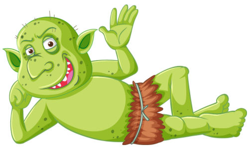 Green goblin lying down waving to us