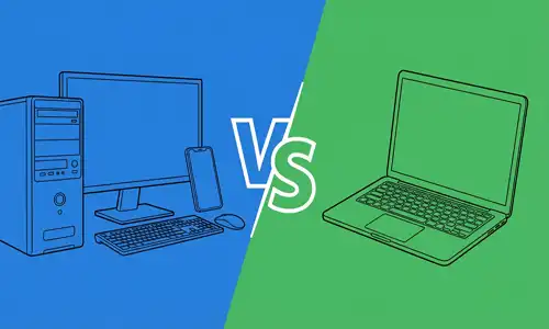 An illustration of desktop computer and smartphone versus a laptop with a VS symbol on a split blue and green background