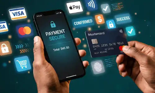 A photograph of a person holding a smartphone and credit card with floating digital payment icons on a dark teal background