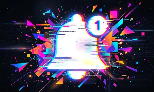 An illustration of a white notification bell with a glitch effect and colourful shapes on a dark background