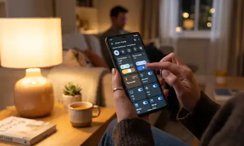 A photograph of hands using a smartphone with a Smart Home control app beside a glowing lamp on a home interior background