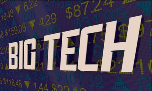 The words BIG TECH written in white on the background of a stocks and securities board