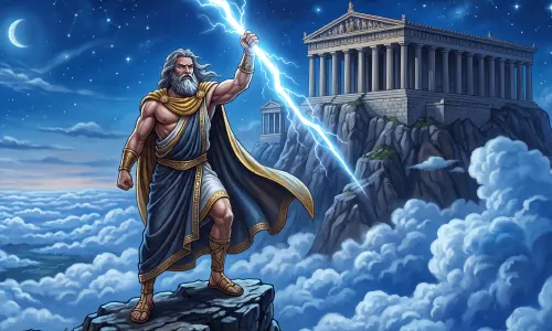 An illustration of Zeus holding a lightning bolt on a mountaintop above the clouds with a Greek temple on a blue background