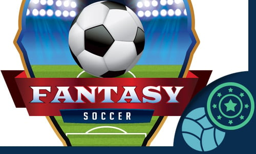 an emblem of Fantasy Soccer showing a soccer ball on a field with stadium lights
