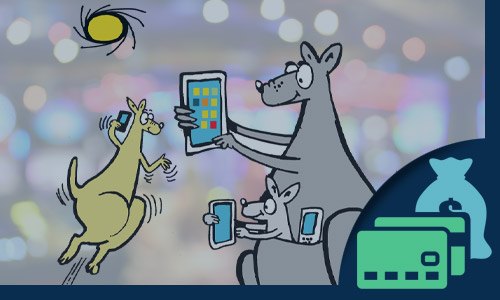 drawing of a kangaroo with two little kangaroos each looking at a phone or tablet
