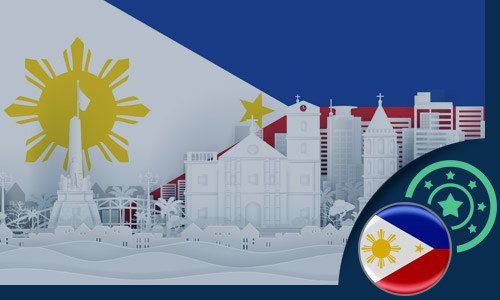 Philippines flag with a paper cutout of the Manila cityscape