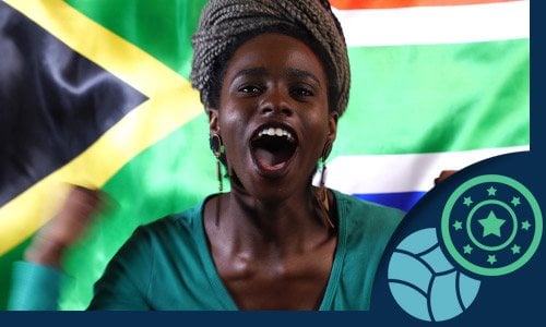 an African looking woman shouting for join in front of a flag of South Africa